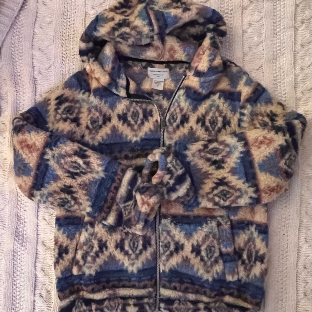 Cozy Aztec Print Hooded Zip Jacket - Blue/Cream